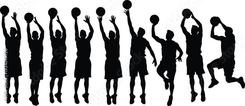 Black silhouette illustration of basketball player performing jump shot sequence, dynamic motion progression, sports training concept artwork for athletic technique, recreation, and competitive game 