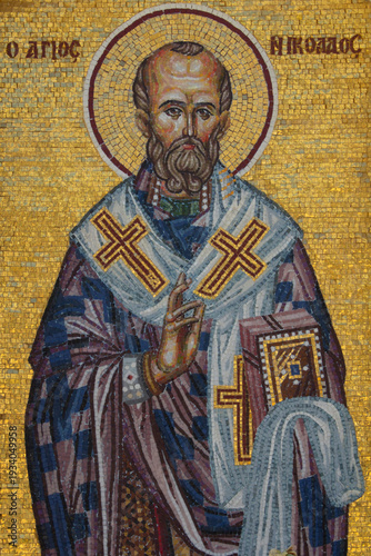 Konstfotografi Close up Byzantine mosaic icon of Saint Nicholas with golden halo