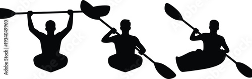 Black silhouette illustration of three people kayaking with paddles, dynamic water sport activity, outdoor adventure, motion concept artwork for nature, recreation, and fitness themes