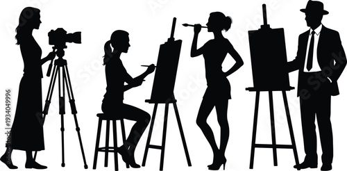 Black silhouette illustration of four people engaged in creative activities including photography, painting, contemplating art, and observing, artistic design concept for media, 
