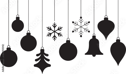 Black hanging christmas ornaments and snowflakes