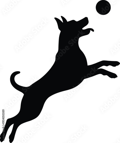 Black silhouette of playful dog leaping mid-air to catch ball, energetic pet action, agility training, motion study, animal sports illustration, isolated dynamic design concept artwork