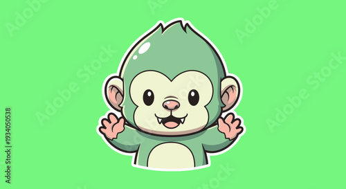 A cartoon monkey character with green fur and cream belly standing on green background
