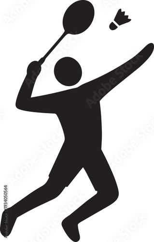 Active badminton player jumping to smash shuttlecock with racket in sports tournament silhouette vector icon illustration