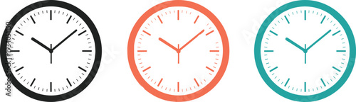 Set of three minimalist wall clock vector illustrations in black, orange, and teal colors, featuring a clean modern design for time management and business scheduling concepts.