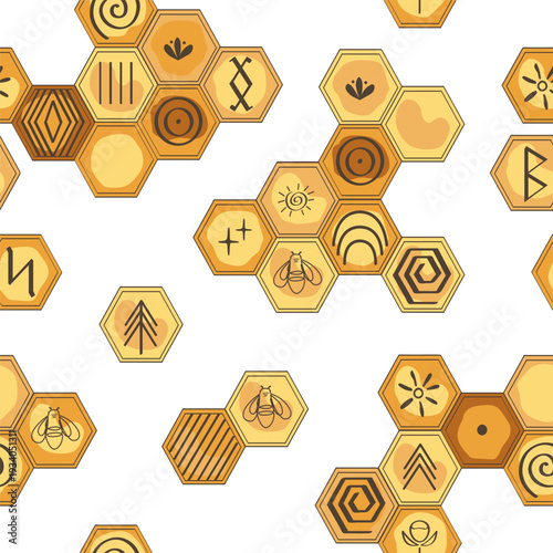 Honeycomb seamless pattern. Bee honey combs decorated doodle ancient and tribal symbols background. Organic and wild honey concept. Vector hand drawn illustration.