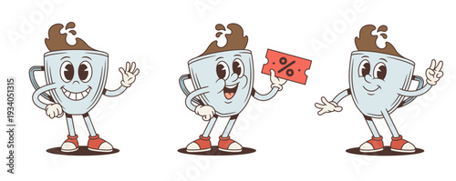 A vintage cartoon character mascot collection. Funny coffee cup vector illustration in retro comic style. Poses include waving, holding a discount coupon, and a peace sign. For cafe promotions