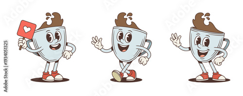 A vintage cartoon character mascot collection. Funny coffee cup vector illustration in retro comic style. Poses include walking, waving, and holding a heart sign. Ideal for cafe or beverage branding