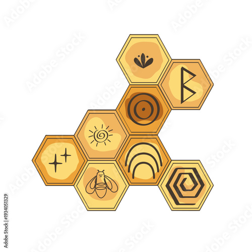 Honeycomb with bee honey decorated doodle ancient and tribal symbols. Organic and wild honey concept. Vector isolated hand drawn illustration