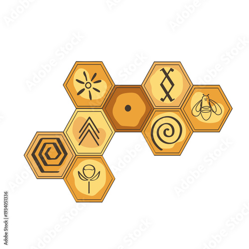 Honeycomb with bee honey decorated doodle ancient and tribal symbols. Organic and wild honey concept. Vector isolated hand drawn illustration