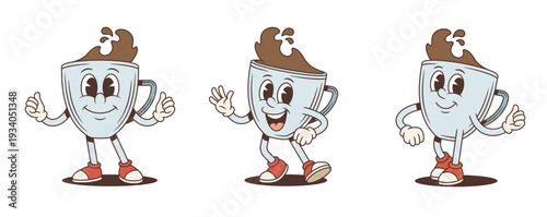 A set of a friendly coffee cup cartoon character mascot. Vector illustration in a retro comic style. Poses include giving thumbs up, waving, and walking happily. Excellent for cafe branding