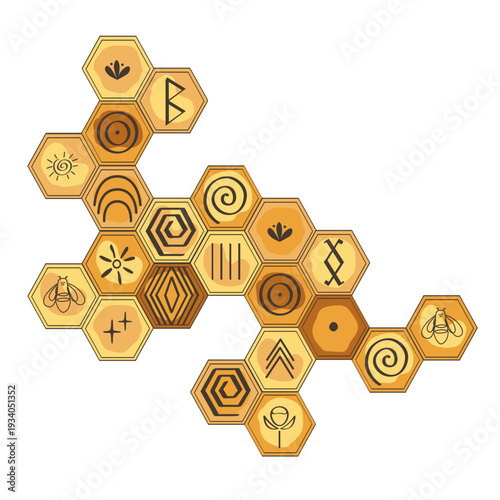 Honeycomb with bee honey decorated doodle ancient and tribal symbols. Organic and wild honey concept. Vector isolated hand drawn illustration