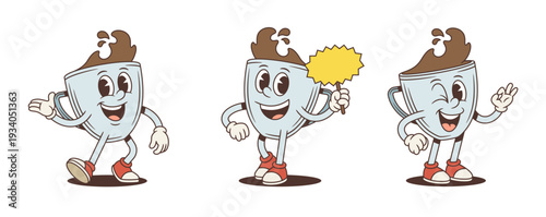A set of a coffee cup cartoon character mascot. Vector illustration in a retro comic style. Poses include presenting, holding a blank sign, and winking with an okay gesture. Great for cafe promotions