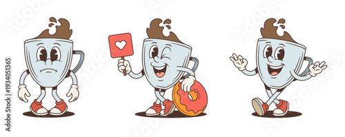 A set of a coffee cup cartoon character mascot. Vector illustration in a comic style. Poses include sad, winking with a donut and a heart sign, and making an OK gesture. Perfect for cafe branding