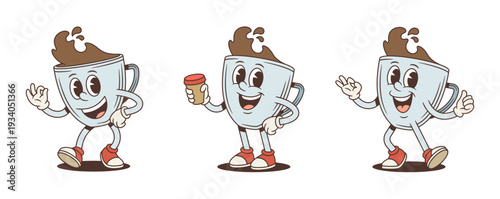Set of happy coffee cup mascots. One shows ok sign, one holds a paper cup. Groovy retro comic personage. Isolated cartoon character vector illustration for a positive concept and cheerful mood