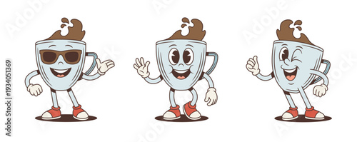A set of a cool coffee cup cartoon character mascot. Vector illustration in a retro comic style. Poses include wearing sunglasses, waving, and winking with a thumbs up. Ideal for cafe branding