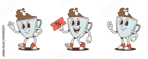 A set of a coffee cup cartoon character mascot. Vector illustration in a retro comic style. Poses include waving, holding a discount coupon, and a peace gesture. Perfect for cafe sales and promotions
