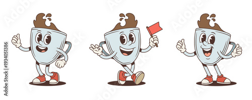 A set of an active coffee cup cartoon character mascot. Vector illustration in a classic comic style. Poses include thumbs up, holding a red flag, and an okay sign. Ideal for cafe logos or branding