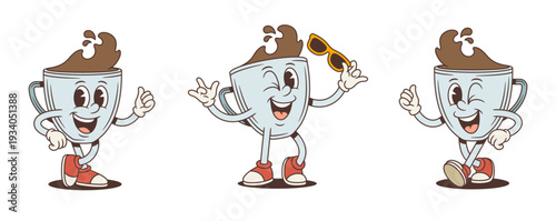 A set of a cool winking coffee cup cartoon character mascot. Vector illustration in a retro comic style. Poses include thumbs up, a rock sign, and holding sunglasses. Great for cafe branding