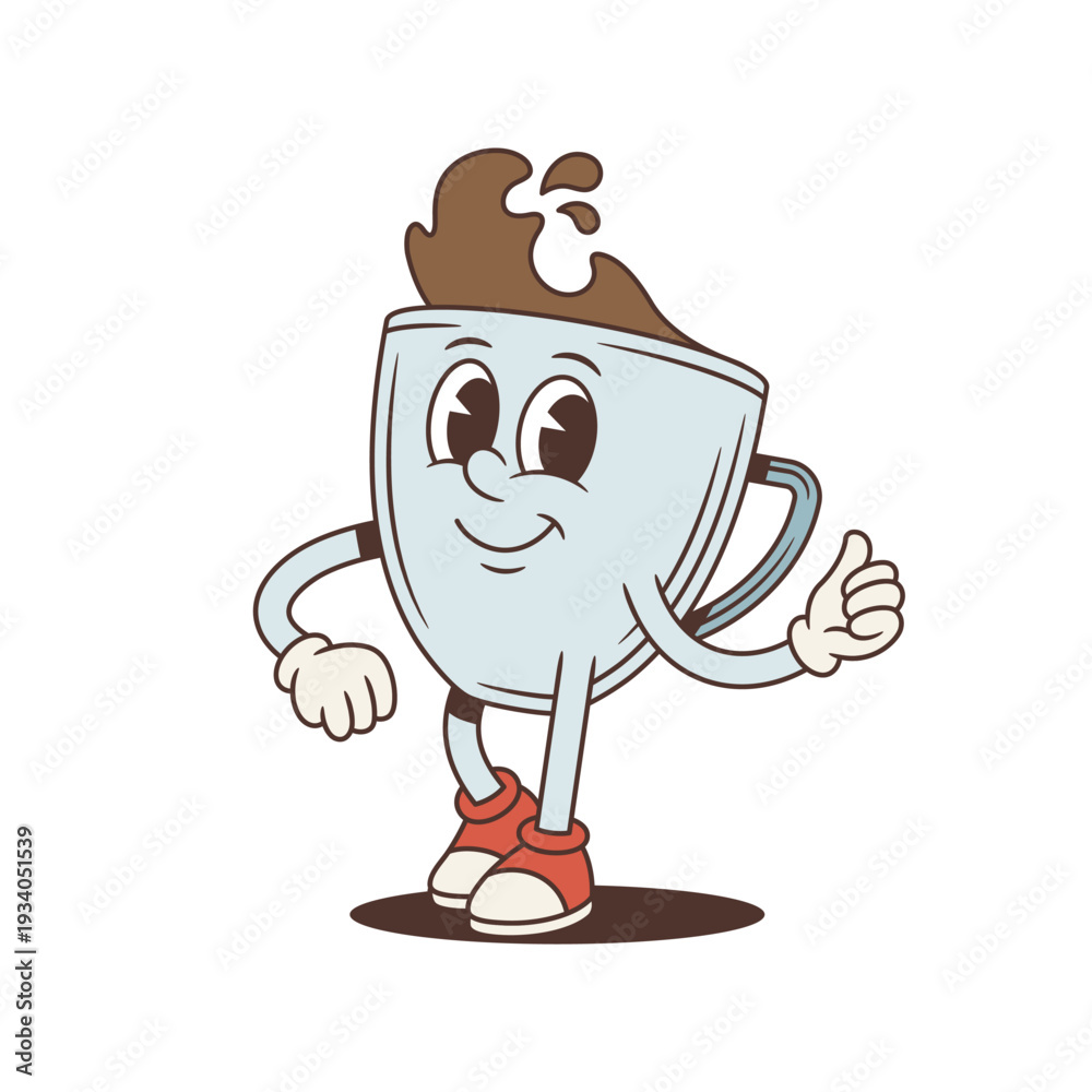 Obraz premium Smiling coffee cup mascot gives a thumbs-up gesture. Funny comic personage in groovy retro style. Isolated cartoon character vector illustration for a cafe advertisement or a cheerful sticker design