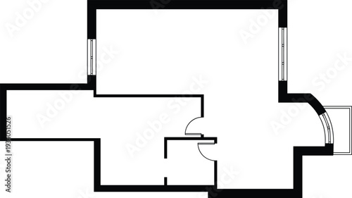 Minimalist 2D Architectural Floor Plan Outline Illustration of a Modern Apartment Layout Featuring Empty Rooms with Doorways and Windows for Interior Design Projects