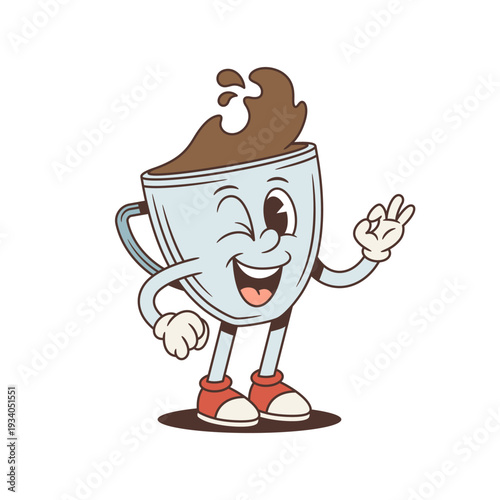 Winking coffee cup mascot shows an OK gesture. Funny comic personage in groovy retro style. Isolated cartoon character vector illustration for a cafe advertisement or a cheerful sticker design