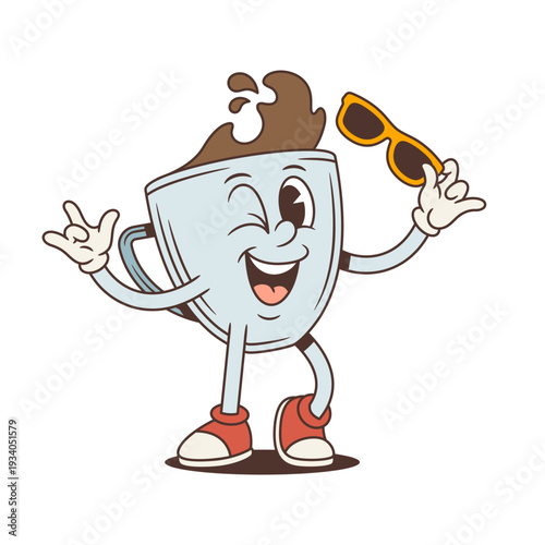 Winking coffee cup mascot shows a rock sign and holds sunglasses. Cool groovy retro comic personage. Isolated cartoon character vector illustration for a party invitation or a fun sticker design