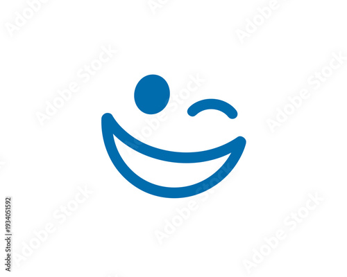 A simplistic blue smiley face with a large cheerful smile and a wink happy