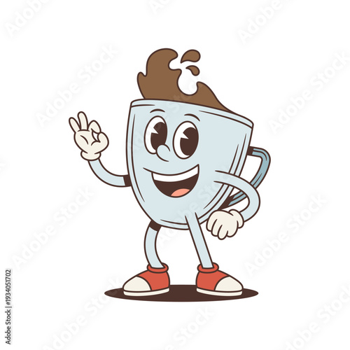 Coffee cup mascot shows an okay hand gesture. Groovy retro comic personage. Isolated cartoon character vector illustration for an approval or a quality concept. A sign of perfection