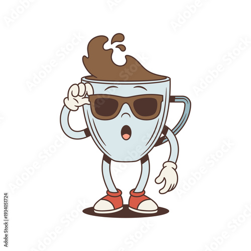 Surprised coffee cup mascot lifts sunglasses. Groovy retro comic personage. Isolated cartoon character vector illustration for a shock concept. An expression of amazement or disbelief