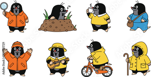 Cute Cartoon Mole Characters Collection with Gardening Music Cycling and Different Professions Vector Illustration Set