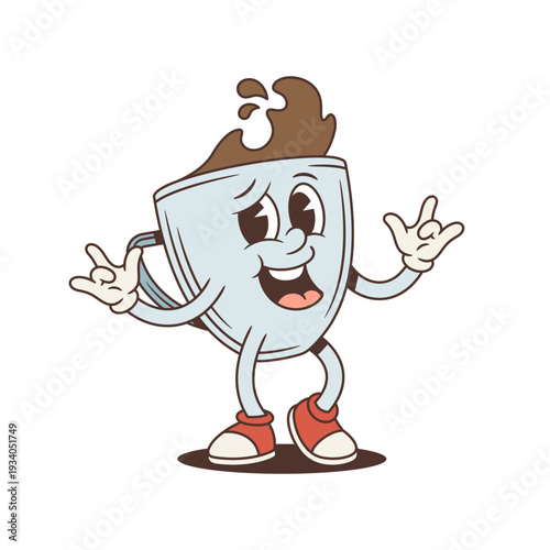 Rocking coffee cup mascot shows a horns hand gesture. Groovy retro comic personage. Isolated cartoon character vector illustration for a rock music or a party concept. A cool dance move