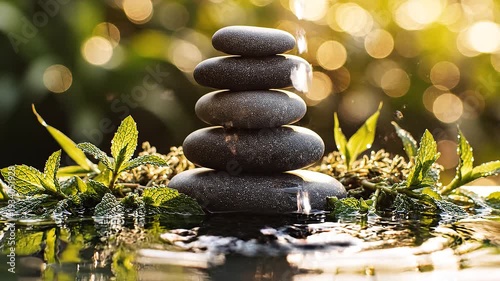 Balanced stacked spa stones placed near calm water in natural environment. Concept of luxury wellness, harmony and relaxation. Soft golden daylight, shallow depth of field, elegant minimal composition