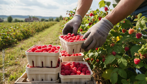 Boxes of freshly picked red raspberries in the field