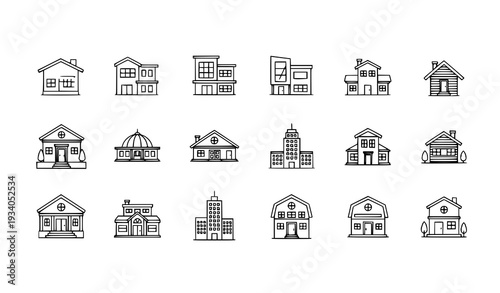 A set of black and white line art vector icons depicting various house designs