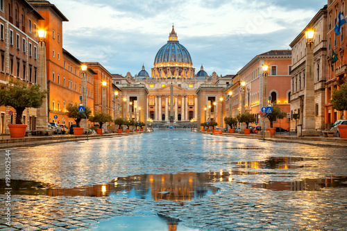 St. Peter's Basilica in the evening from Via della Conciliazione in Rome. Vatican City Rome Italy. Rome architecture and landmark.  St. Peter's cathedral in Rome. Italian Renaissance church.