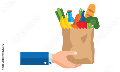 Hand holding paper bag full of fresh groceries and food