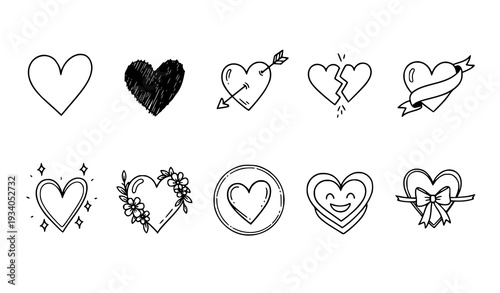 A set of hand-drawn heart icons in various styles and designs