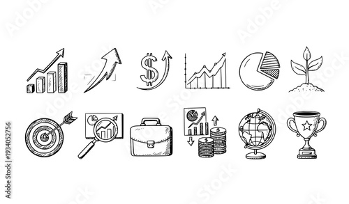 A collection of business icons and symbols in a minimalist line art style