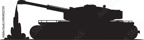 Black silhouette of a tank with a crane white background