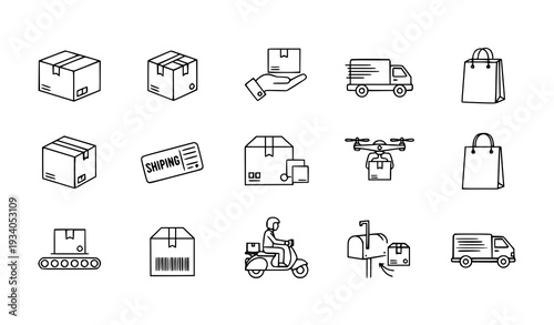 A set of minimalist line art icons depicting various delivery and shipping concepts