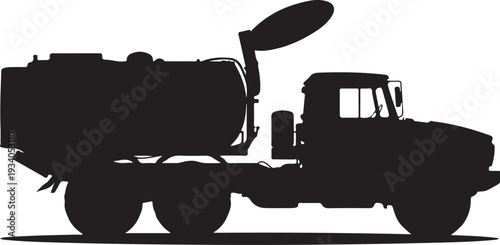 Black silhouette of a truck with large tank and exhaust pipe