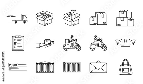 A set of minimalist line art icons depicting various delivery and shipping concepts