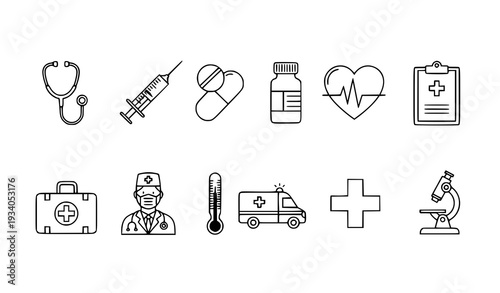 A set of medical icons and symbols in a flat line art style