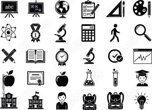 Set of education school icons featuring blackboard globe microscope chemistry flask student graduate backpack certificate bulb calculator and stationery for academic learning back to school design