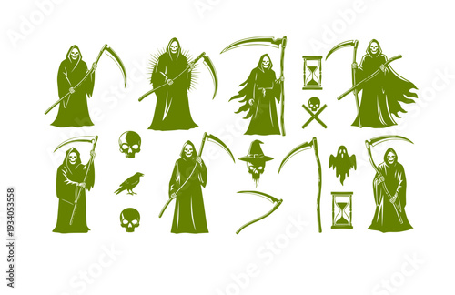 Scythe Grim Reaper Vector Set - Black Silhouette Illustrations, Death Symbol Graphics, Scythe , Reaping Tool Design Elements