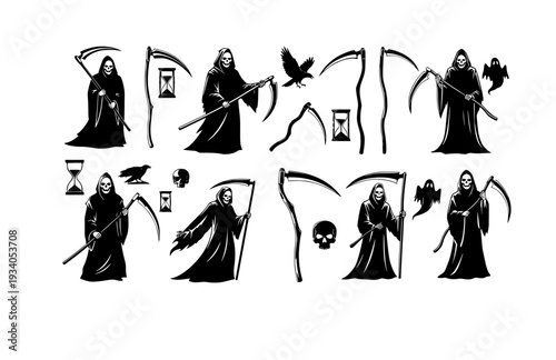 Scythe Grim Reaper Vector Set - Black Silhouette Illustrations, Death Symbol Graphics, Scythe , Reaping Tool Design Elements