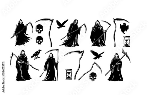 Scythe Grim Reaper Vector Set - Black Silhouette Illustrations, Death Symbol Graphics, Scythe , Reaping Tool Design Elements