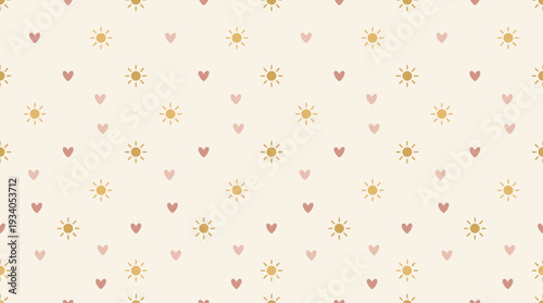 Charming seamless pattern of radiant golden sunbursts and delicate pink hearts on a soft cream background, perfect for children's decor and whimsical designs