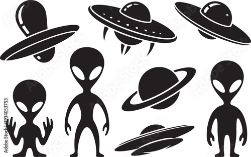 Black silhouettes of aliens and flying saucers on white background